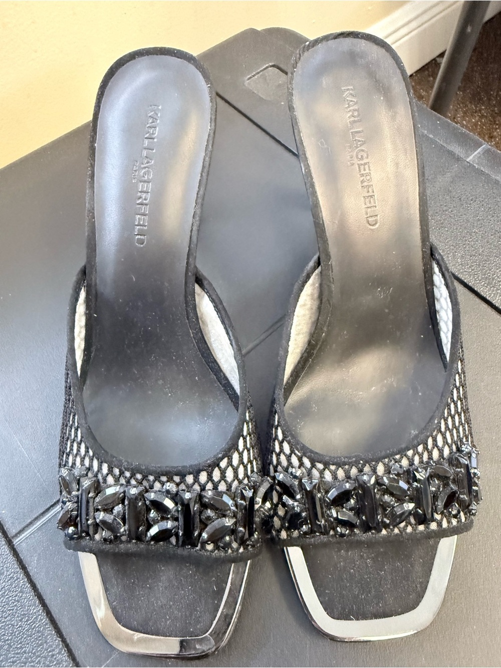 Karl Lagerfeld Black Jeweled Slip-On Heels